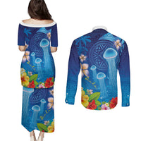 Fiji Jellyfish Couples Matching Puletasi and Long Sleeve Button Shirt Tapa Patterns and Hibiscus Sea Vibe