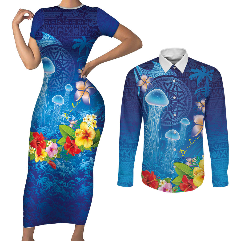 Fiji Jellyfish Couples Matching Short Sleeve Bodycon Dress and Long Sleeve Button Shirt Tapa Patterns and Hibiscus Sea Vibe LT03 Blue - Polynesian Pride
