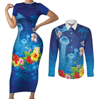 Fiji Jellyfish Couples Matching Short Sleeve Bodycon Dress and Long Sleeve Button Shirt Tapa Patterns and Hibiscus Sea Vibe LT03 Blue - Polynesian Pride