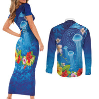 Fiji Jellyfish Couples Matching Short Sleeve Bodycon Dress and Long Sleeve Button Shirt Tapa Patterns and Hibiscus Sea Vibe LT03 - Polynesian Pride