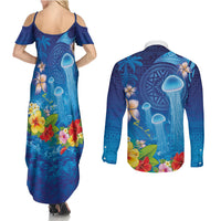 Fiji Jellyfish Couples Matching Summer Maxi Dress and Long Sleeve Button Shirt Tapa Patterns and Hibiscus Sea Vibe LT03 - Polynesian Pride