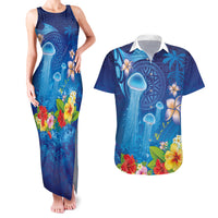 Fiji Jellyfish Couples Matching Tank Maxi Dress and Hawaiian Shirt Tapa Patterns and Hibiscus Sea Vibe LT03 Blue - Polynesian Pride