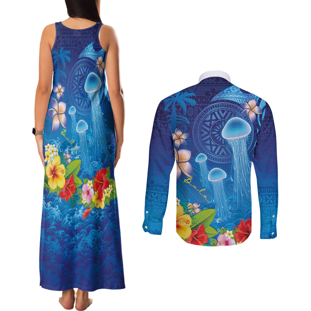 Fiji Jellyfish Couples Matching Tank Maxi Dress and Long Sleeve Button Shirt Tapa Patterns and Hibiscus Sea Vibe LT03 - Polynesian Pride