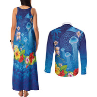 Fiji Jellyfish Couples Matching Tank Maxi Dress and Long Sleeve Button Shirt Tapa Patterns and Hibiscus Sea Vibe LT03 - Polynesian Pride