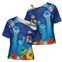 Fiji Jellyfish Cross Shoulder Shirt Tapa Patterns and Hibiscus Sea Vibe
