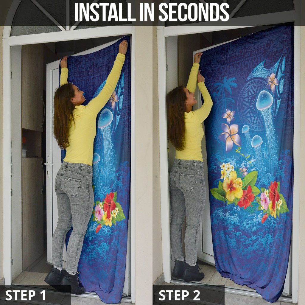 Fiji Jellyfish Door Cover Tapa Patterns and Hibiscus Sea Vibe