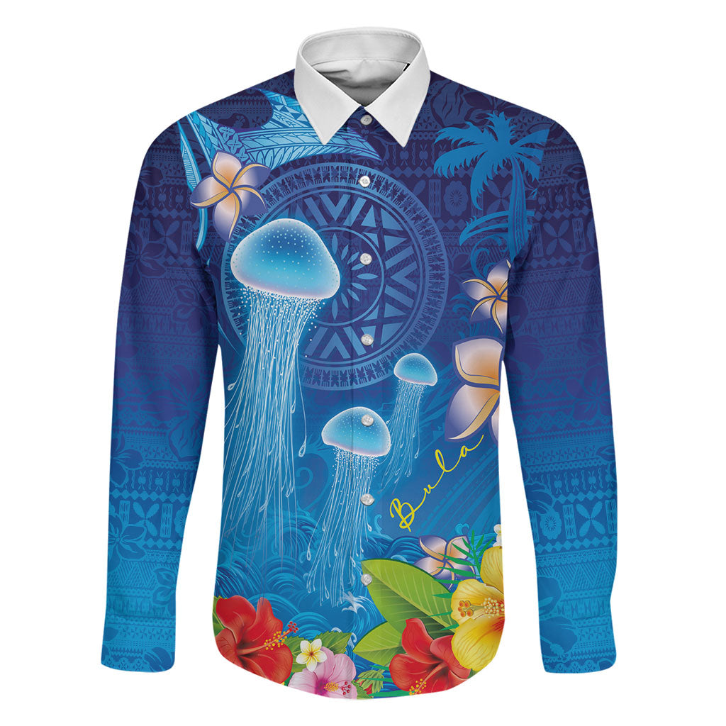 Fiji Jellyfish Family Matching Mermaid Dress and Hawaiian Shirt Tapa Patterns and Hibiscus Sea Vibe LT03 Dad's Shirt - Long Sleeve Blue - Polynesian Pride