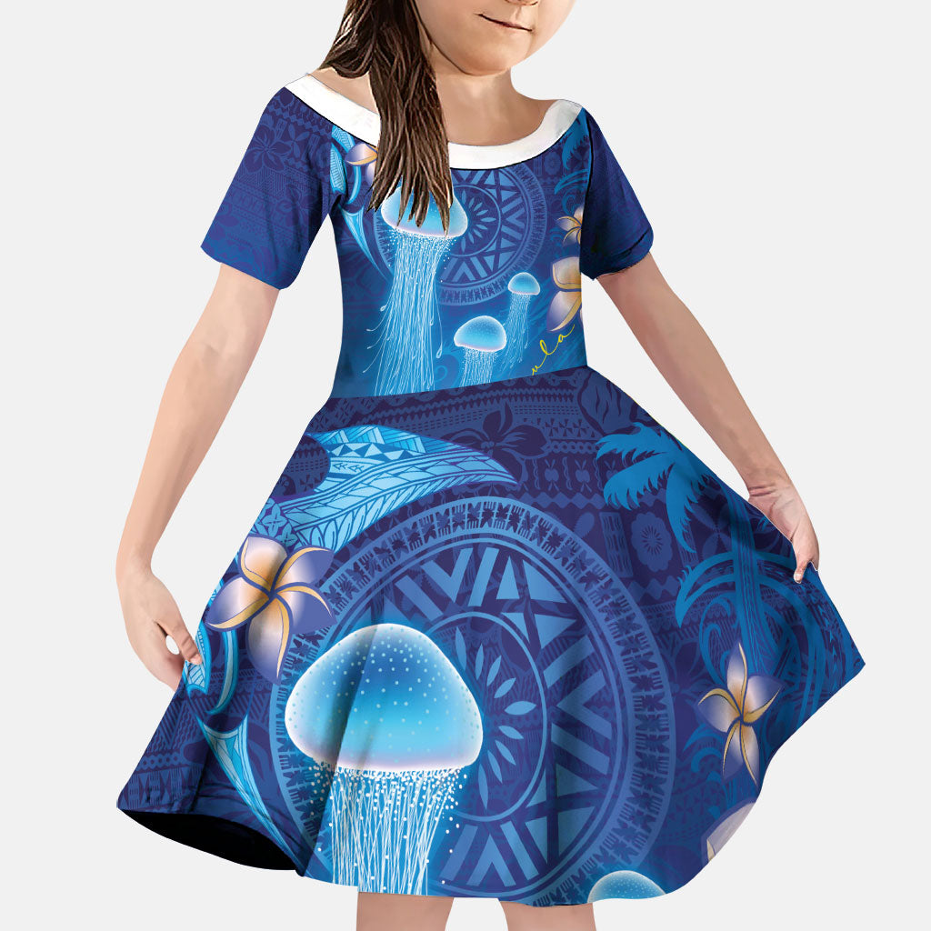 Fiji Jellyfish Family Matching Off The Shoulder Long Sleeve Dress and Hawaiian Shirt Tapa Patterns and Hibiscus Sea Vibe LT03 Daughter's Dress Blue - Polynesian Pride