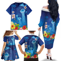 Fiji Jellyfish Family Matching Off The Shoulder Long Sleeve Dress and Hawaiian Shirt Tapa Patterns and Hibiscus Sea Vibe LT03 - Polynesian Pride