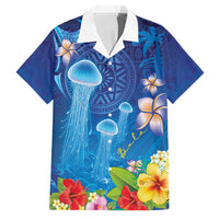Fiji Jellyfish Family Matching Off The Shoulder Long Sleeve Dress and Hawaiian Shirt Tapa Patterns and Hibiscus Sea Vibe LT03 Dad's Shirt - Short Sleeve Blue - Polynesian Pride