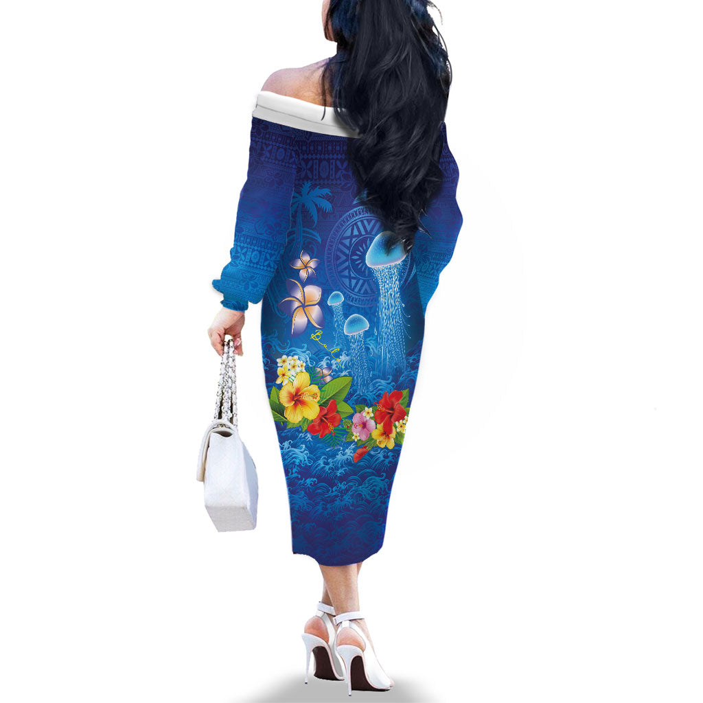Fiji Jellyfish Family Matching Off The Shoulder Long Sleeve Dress and Hawaiian Shirt Tapa Patterns and Hibiscus Sea Vibe LT03 - Polynesian Pride