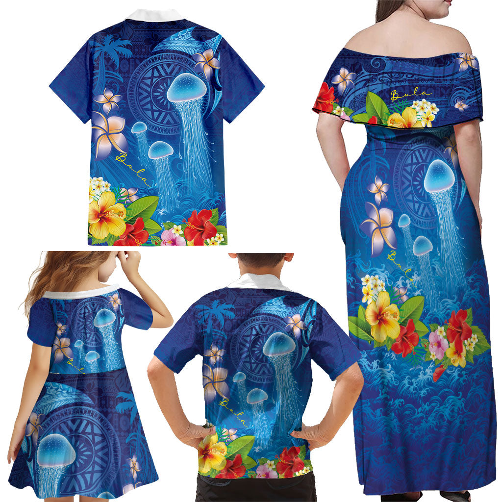 Fiji Jellyfish Family Matching Off Shoulder Maxi Dress and Hawaiian Shirt Tapa Patterns and Hibiscus Sea Vibe LT03 - Polynesian Pride