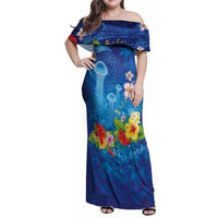 Fiji Jellyfish Family Matching Off Shoulder Maxi Dress and Hawaiian Shirt Tapa Patterns and Hibiscus Sea Vibe LT03 Mom's Dress Blue - Polynesian Pride
