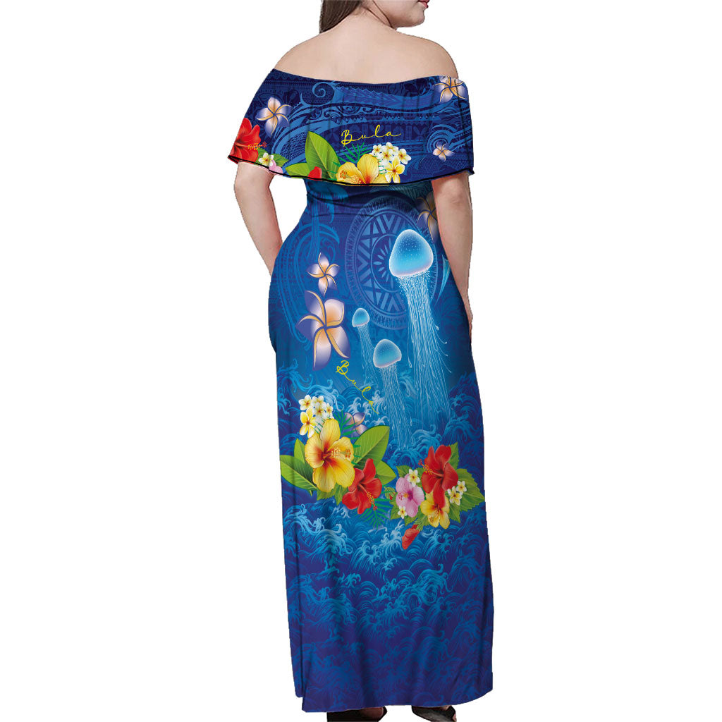 Fiji Jellyfish Family Matching Off Shoulder Maxi Dress and Hawaiian Shirt Tapa Patterns and Hibiscus Sea Vibe LT03 - Polynesian Pride