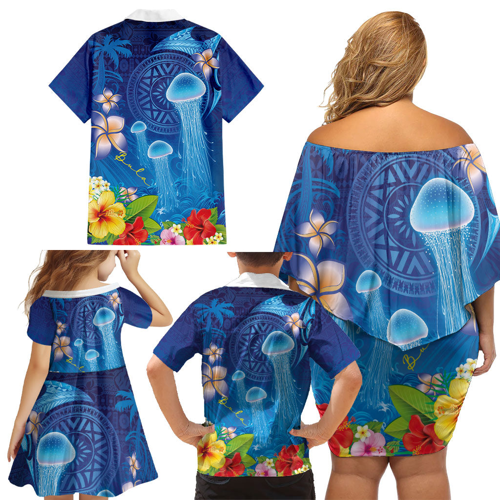Fiji Jellyfish Family Matching Off Shoulder Short Dress and Hawaiian Shirt Tapa Patterns and Hibiscus Sea Vibe LT03 - Polynesian Pride