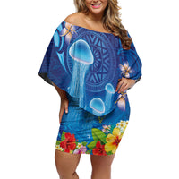 Fiji Jellyfish Family Matching Off Shoulder Short Dress and Hawaiian Shirt Tapa Patterns and Hibiscus Sea Vibe LT03 Mom's Dress Blue - Polynesian Pride