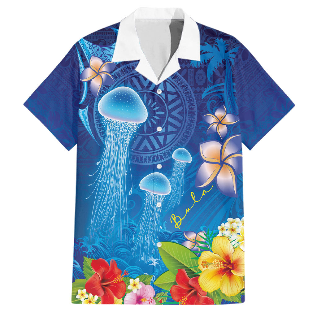 Fiji Jellyfish Family Matching Puletasi and Hawaiian Shirt Tapa Patterns and Hibiscus Sea Vibe LT03 Dad's Shirt - Short Sleeve Blue - Polynesian Pride