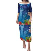 Fiji Jellyfish Family Matching Puletasi and Hawaiian Shirt Tapa Patterns and Hibiscus Sea Vibe LT03 Mom's Dress Blue - Polynesian Pride