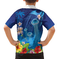 Fiji Jellyfish Family Matching Short Sleeve Bodycon Dress and Hawaiian Shirt Tapa Patterns and Hibiscus Sea Vibe LT03 - Polynesian Pride
