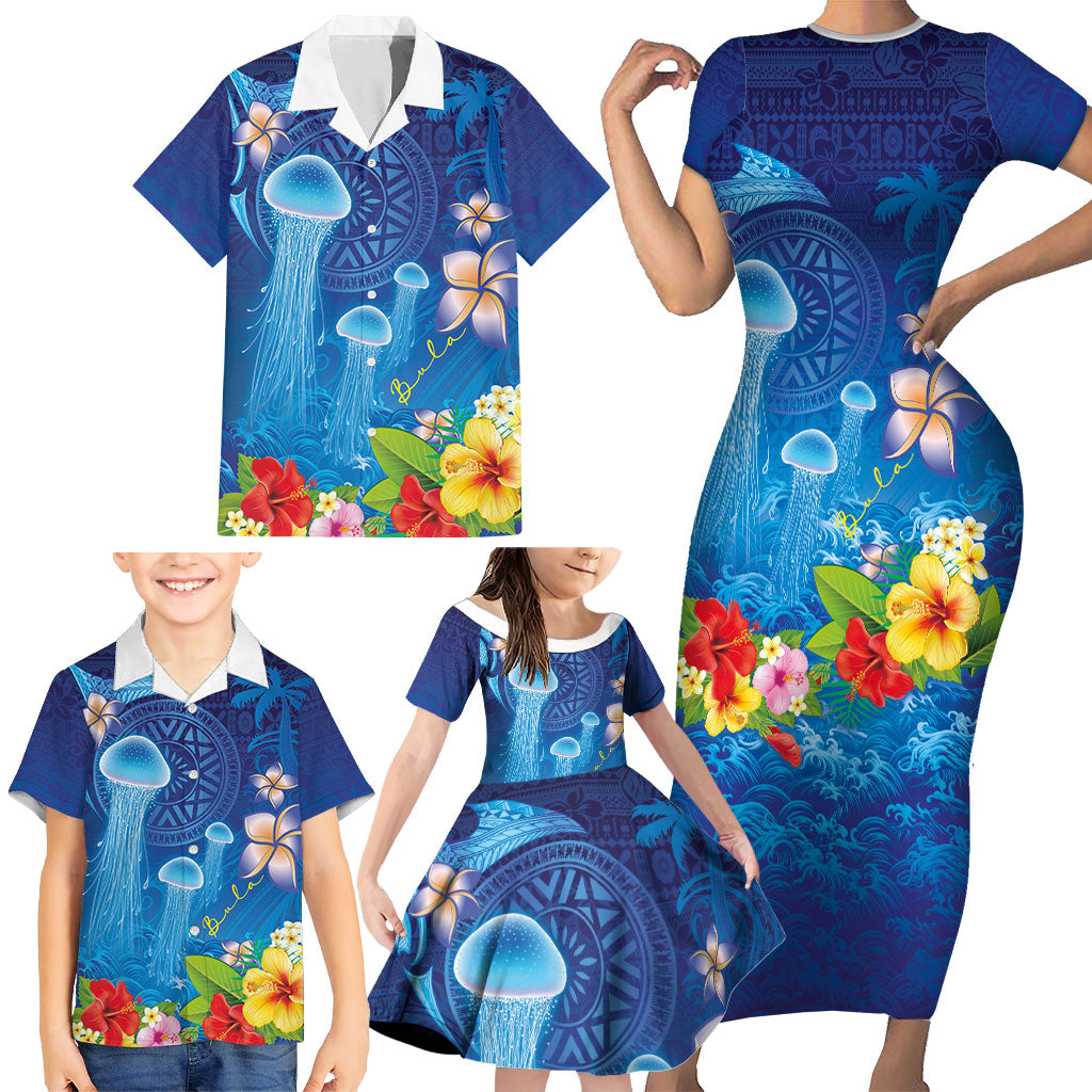 Fiji Jellyfish Family Matching Short Sleeve Bodycon Dress and Hawaiian Shirt Tapa Patterns and Hibiscus Sea Vibe LT03 - Polynesian Pride