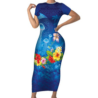Fiji Jellyfish Family Matching Short Sleeve Bodycon Dress and Hawaiian Shirt Tapa Patterns and Hibiscus Sea Vibe LT03 Mom's Dress Blue - Polynesian Pride
