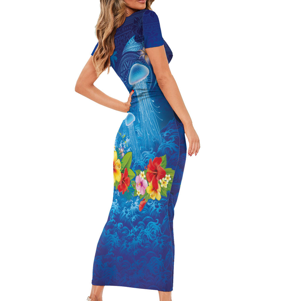 Fiji Jellyfish Family Matching Short Sleeve Bodycon Dress and Hawaiian Shirt Tapa Patterns and Hibiscus Sea Vibe LT03 - Polynesian Pride