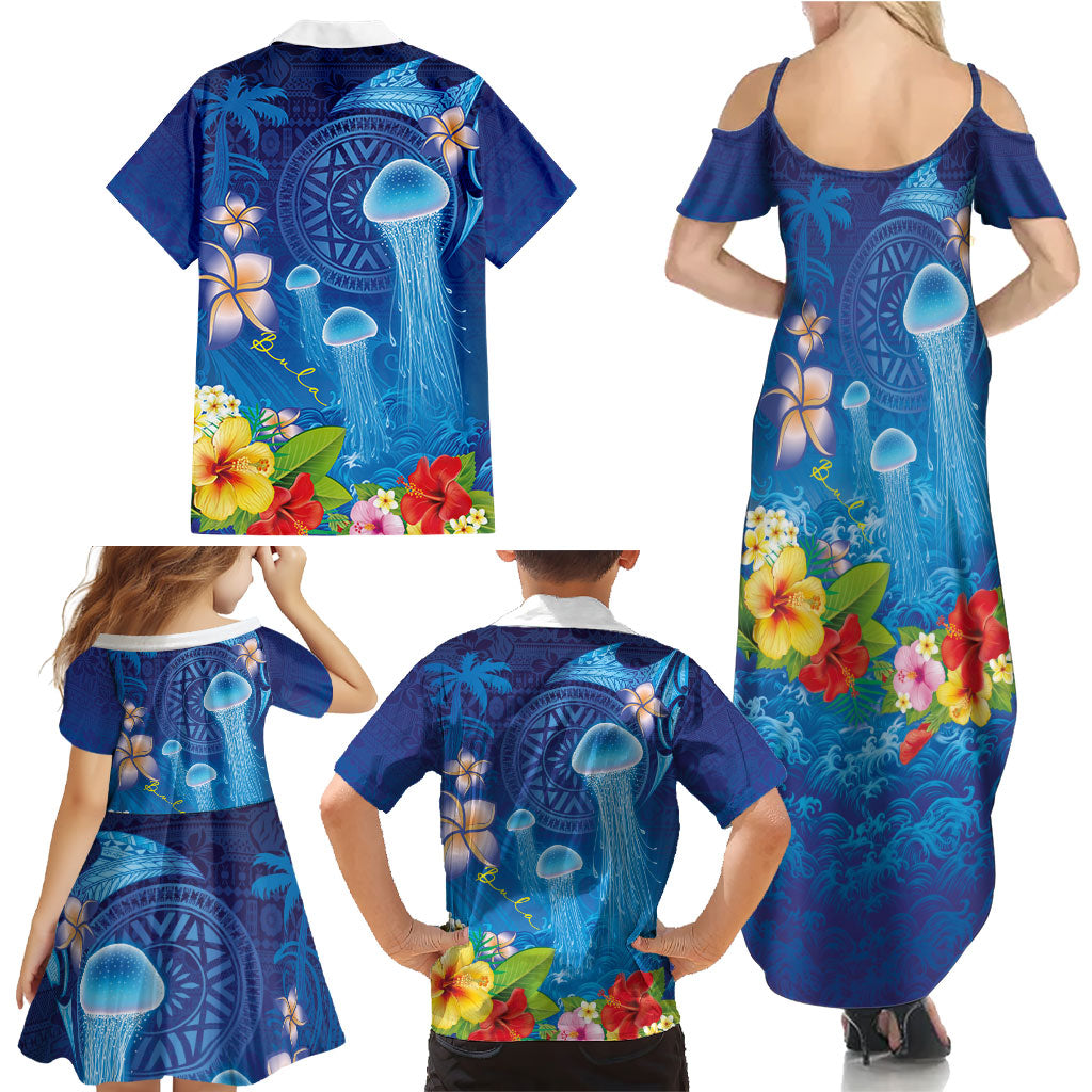 Fiji Jellyfish Family Matching Summer Maxi Dress and Hawaiian Shirt Tapa Patterns and Hibiscus Sea Vibe LT03 - Polynesian Pride