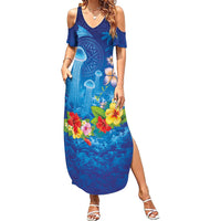 Fiji Jellyfish Family Matching Summer Maxi Dress and Hawaiian Shirt Tapa Patterns and Hibiscus Sea Vibe LT03 Mom's Dress Blue - Polynesian Pride