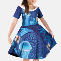 Fiji Jellyfish Family Matching Tank Maxi Dress and Hawaiian Shirt Tapa Patterns and Hibiscus Sea Vibe LT03 Daughter's Dress Blue - Polynesian Pride