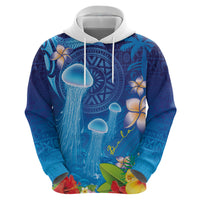 Fiji Jellyfish Hoodie Tapa Patterns and Hibiscus Sea Vibe