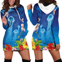 Fiji Jellyfish Hoodie Dress Tapa Patterns and Hibiscus Sea Vibe