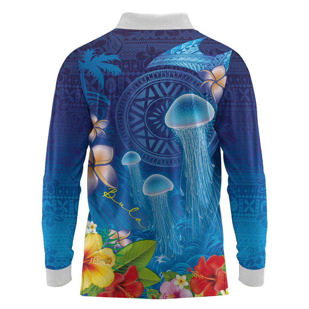 Fiji Jellyfish Long Sleeve Polo Shirt Tapa Patterns and Hibiscus Sea Vibe