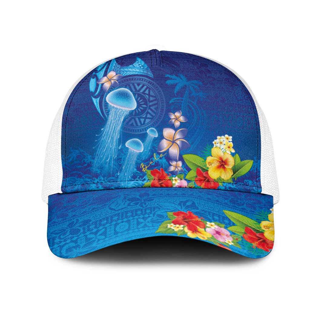 Fiji Jellyfish Mesh Trucker Cap Tapa Patterns and Hibiscus Sea Vibe