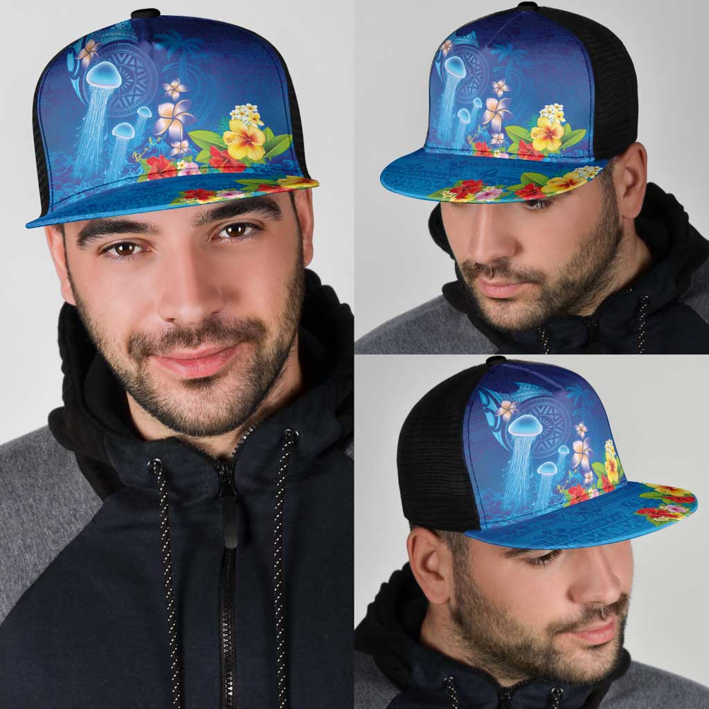 Fiji Jellyfish Mesh Trucker Cap Tapa Patterns and Hibiscus Sea Vibe