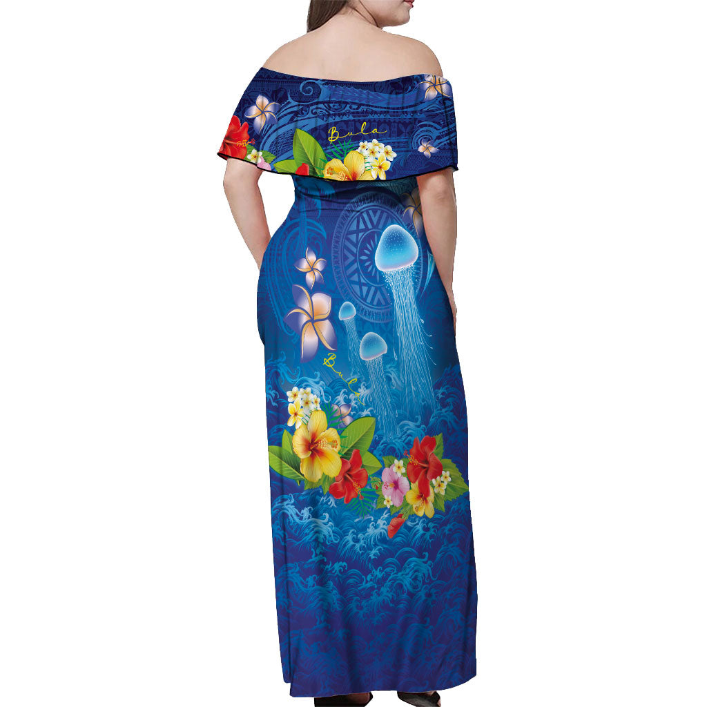 Fiji Jellyfish Off Shoulder Maxi Dress Tapa Patterns and Hibiscus Sea Vibe