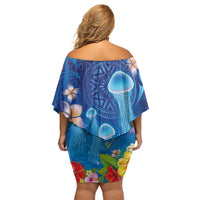 Fiji Jellyfish Off Shoulder Short Dress Tapa Patterns and Hibiscus Sea Vibe