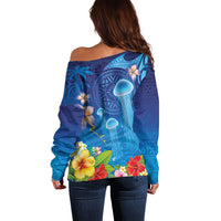 Fiji Jellyfish Off Shoulder Sweater Tapa Patterns and Hibiscus Sea Vibe