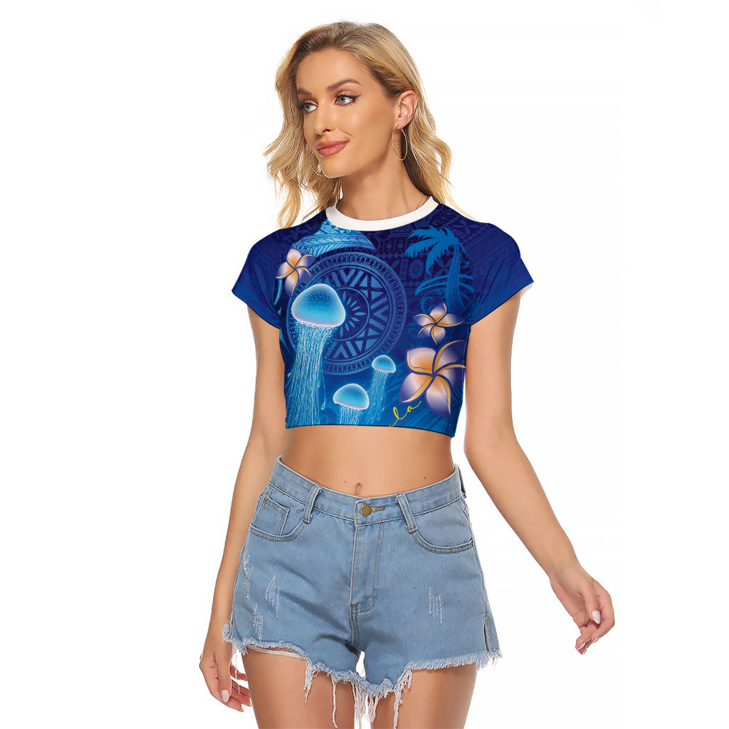 Fiji Jellyfish Raglan Cropped T Shirt Tapa Patterns and Hibiscus Sea Vibe