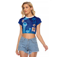 Fiji Jellyfish Raglan Cropped T Shirt Tapa Patterns and Hibiscus Sea Vibe