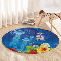 Fiji Jellyfish Round Carpet Tapa Patterns and Hibiscus Sea Vibe
