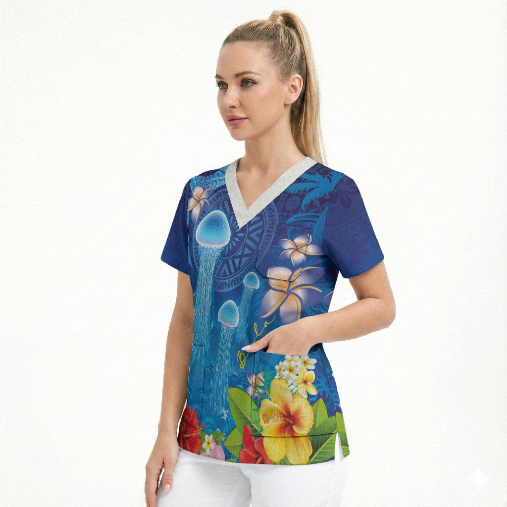 Fiji Jellyfish Scrub Top Tapa Patterns and Hibiscus Sea Vibe