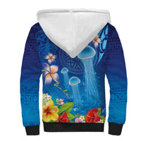 Fiji Jellyfish Sherpa Hoodie Tapa Patterns and Hibiscus Sea Vibe