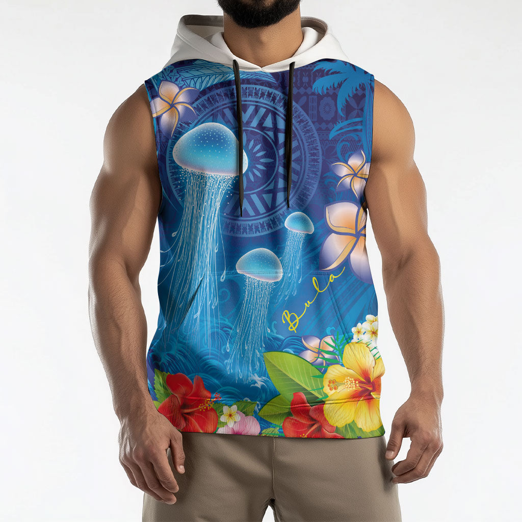 Fiji Jellyfish Sleeveless Hoodie Tapa Patterns and Hibiscus Sea Vibe