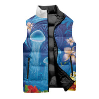 Fiji Jellyfish Sleeveless Puffer Jacket Tapa Patterns and Hibiscus Sea Vibe