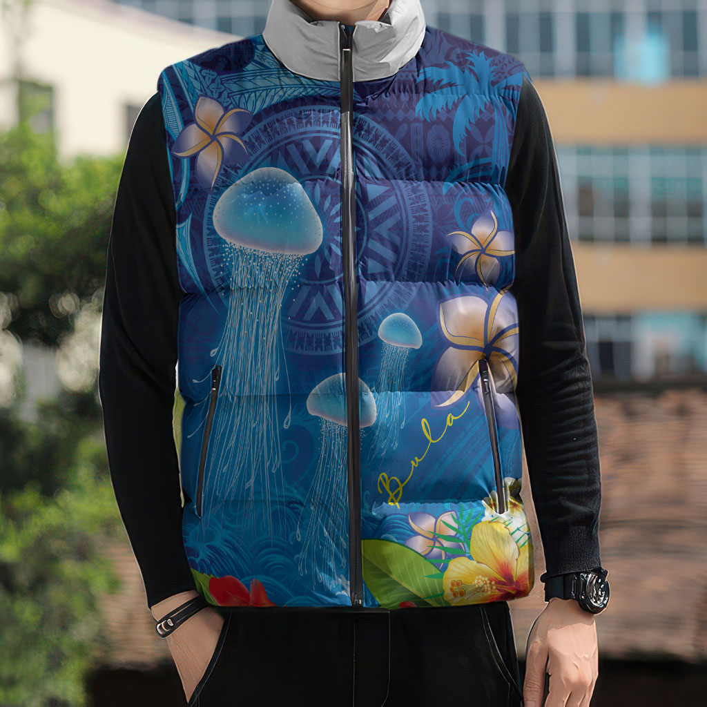 Fiji Jellyfish Sleeveless Puffer Jacket Tapa Patterns and Hibiscus Sea Vibe