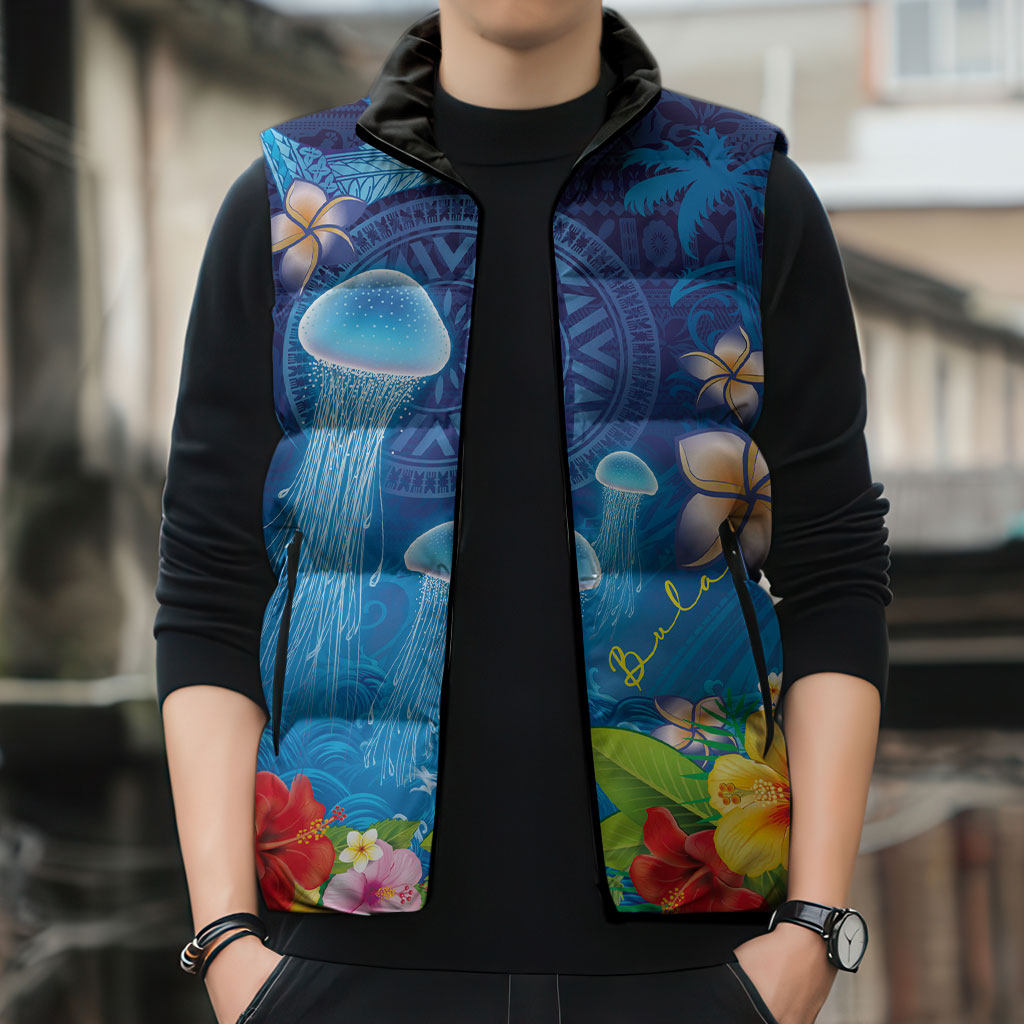 Fiji Jellyfish Sleeveless Puffer Jacket Tapa Patterns and Hibiscus Sea Vibe