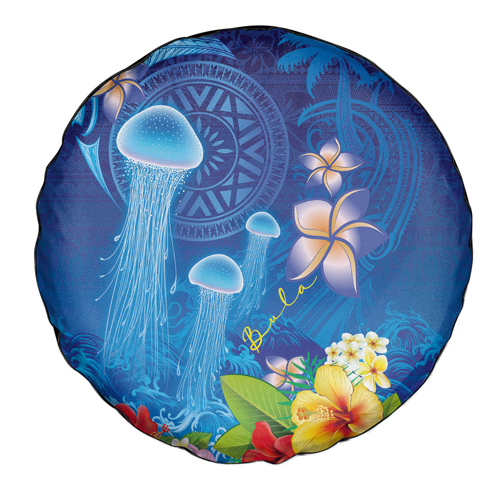 Fiji Jellyfish Spare Tire Cover Tapa Patterns and Hibiscus Sea Vibe