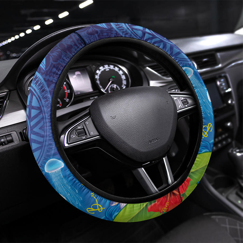 Fiji Jellyfish Steering Wheel Cover Tapa Patterns and Hibiscus Sea Vibe