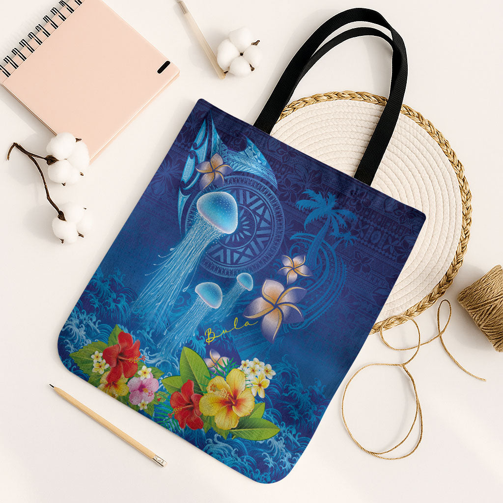 Fiji Jellyfish Tote Bag Tapa Patterns and Hibiscus Sea Vibe