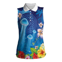 Fiji Jellyfish Women Sleeveless Polo Shirt Tapa Patterns and Hibiscus Sea Vibe LT03 Female Blue - Polynesian Pride